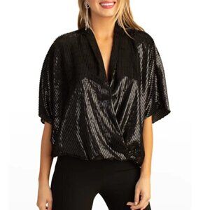 Trina Turk "Concourse" Tinsel-Stripe Surplice Top, Black